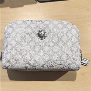 Coach White Signature Logo Cosmetic Pouch with Silver-Tone Emblem